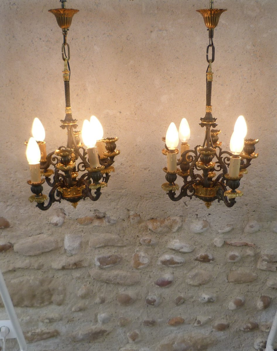 Pair Of Chandeliers In Patinated Bronze And Gilded Bronze With Fine Gold -photo-8
