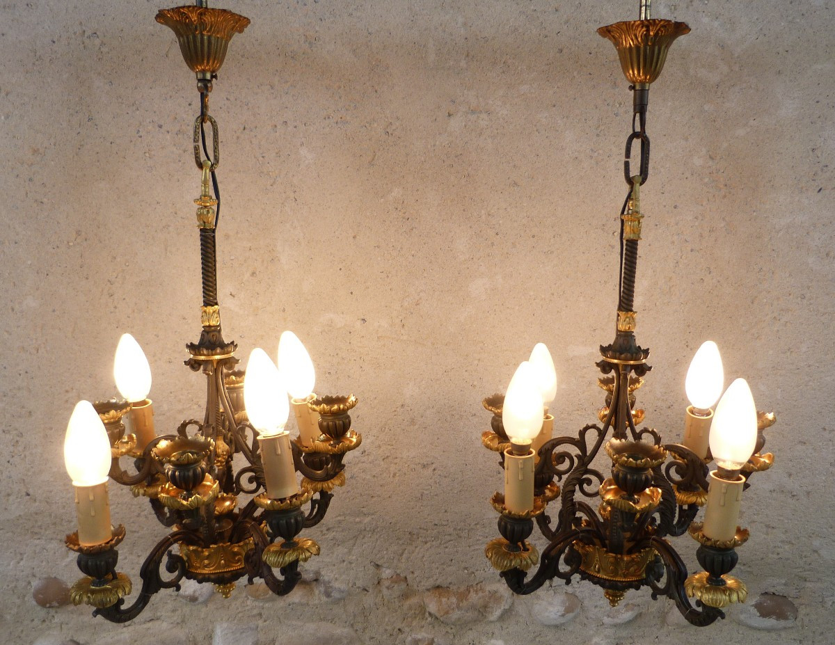 Pair Of Chandeliers In Patinated Bronze And Gilded Bronze With Fine Gold 