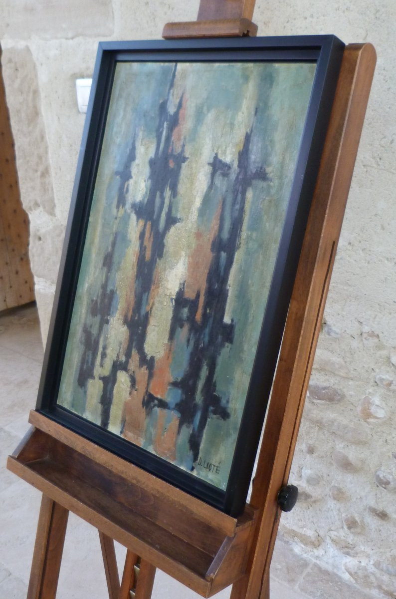 Abstract Oil Painting On Hardboard, Signed Denise Lioté -photo-3