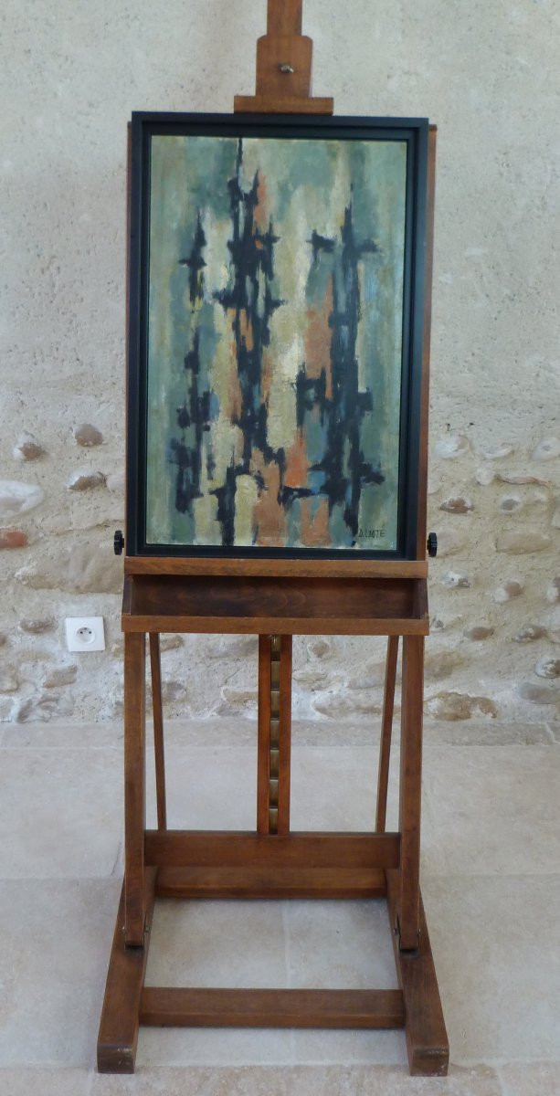 Abstract Oil Painting On Hardboard, Signed Denise Lioté -photo-1