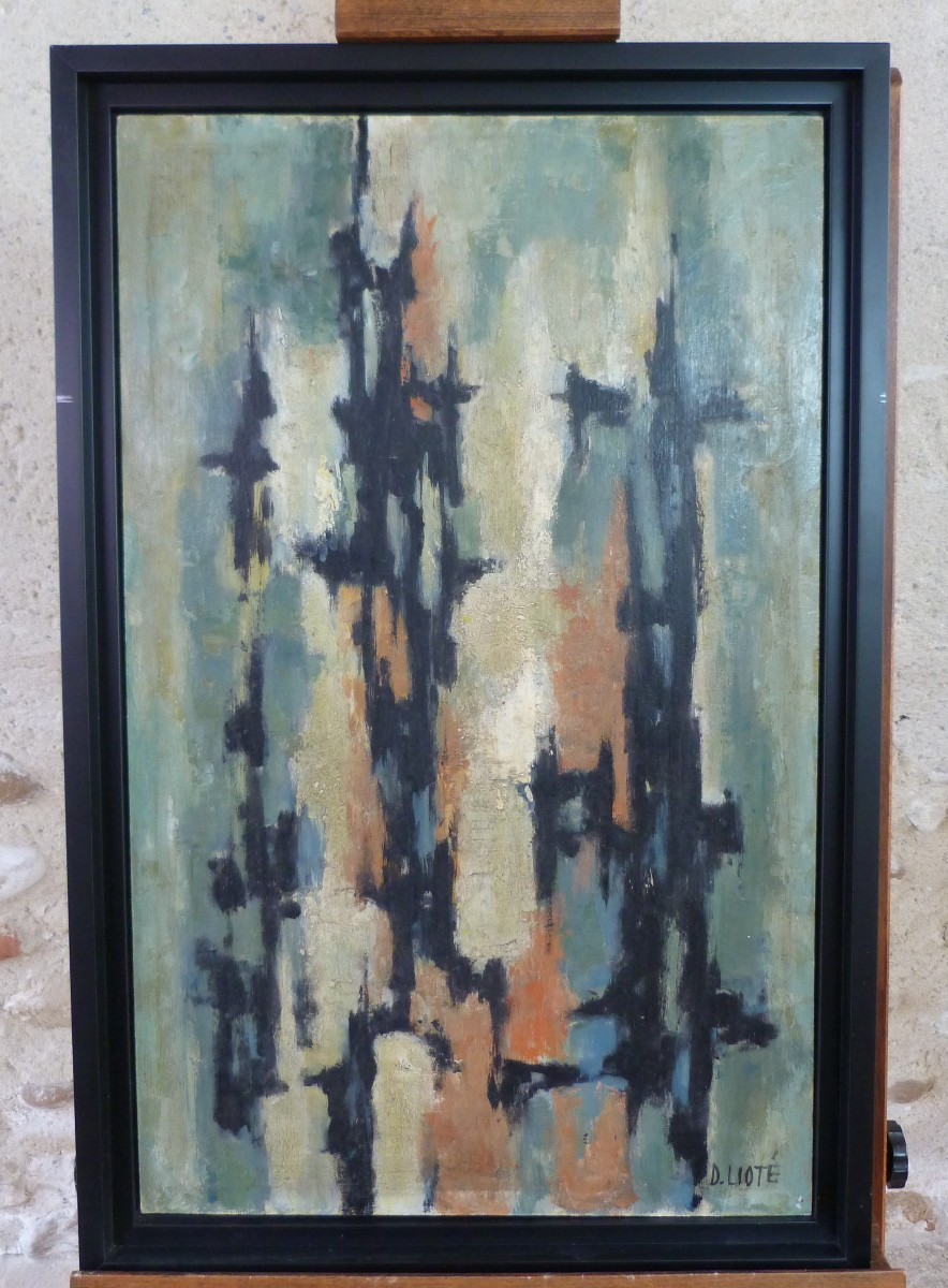 Abstract Oil Painting On Hardboard, Signed Denise Lioté 