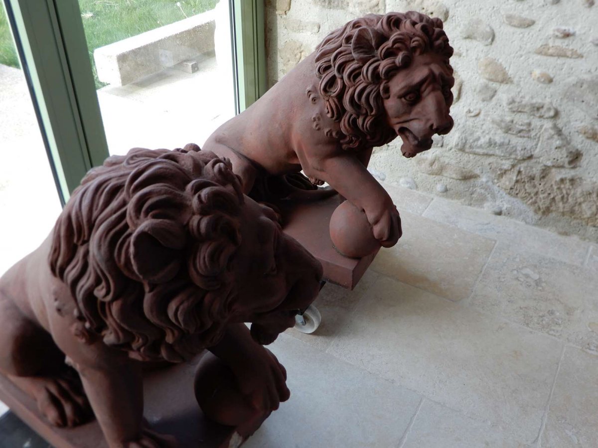 Pair Of Lyon Sitting In Terracotta-photo-1