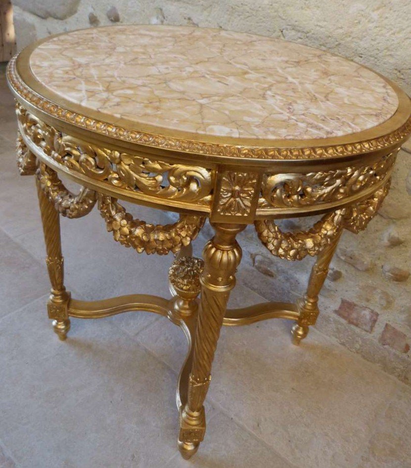 Louis XVI Style Carved And Gilded Wood Pedestal Table-photo-7