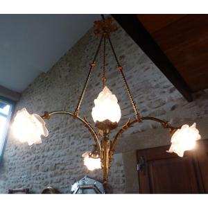 Chandelier In Bronze And White Glass Paste XIX Eme Century