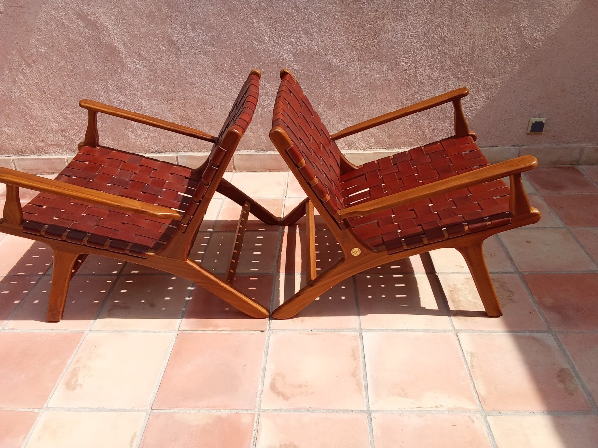 Paire de fauteuils teck et cuir tressé-photo-2