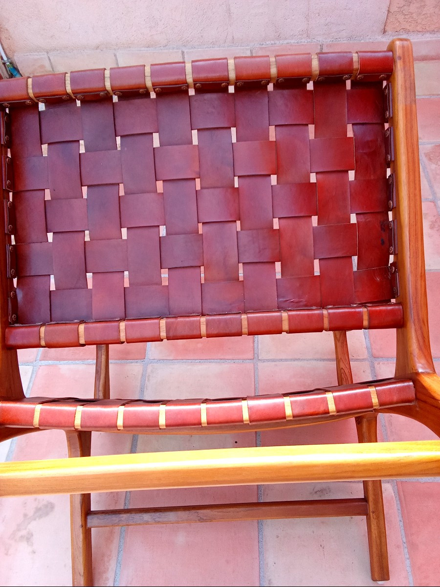Paire de fauteuils teck et cuir tressé-photo-3