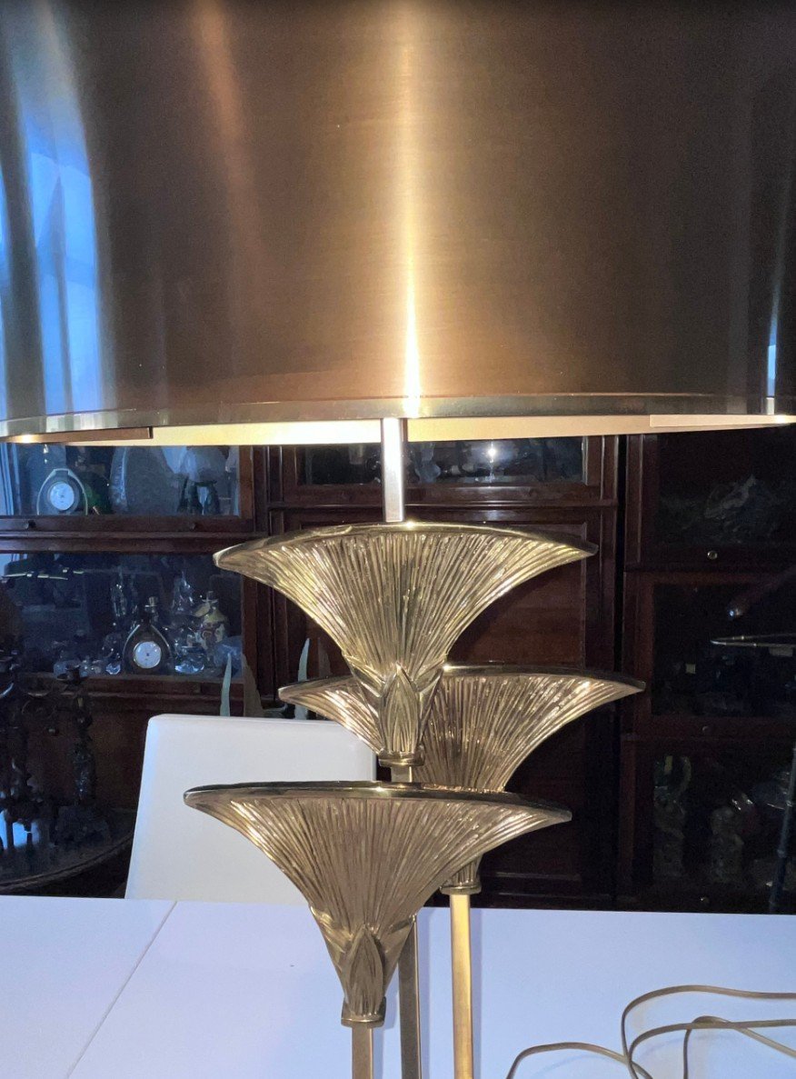 Maison Charles, Thebes Model Lamp Decorated With Three Papyrus Leaves In Gilt Bronze Signed-photo-4