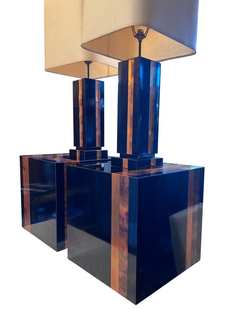 Maison Jansen Set Of Lamps And Sofa Ends In Lacquered Wood And Copper Slats Circa 70
