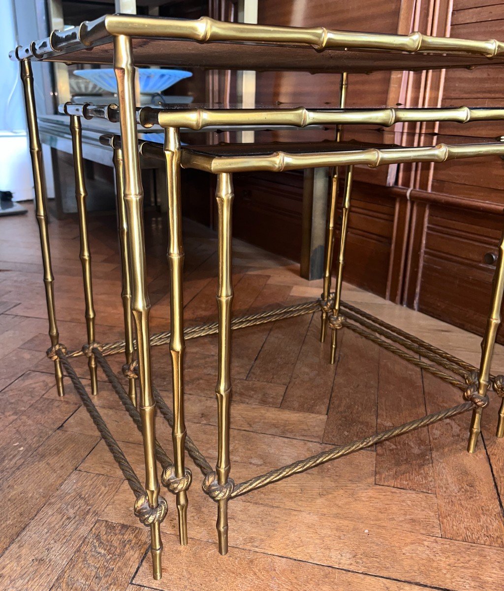 Maison Bagues Nesting Table In Golden Brass With Bamboo And Rope Decor, Mirror Trays-photo-1