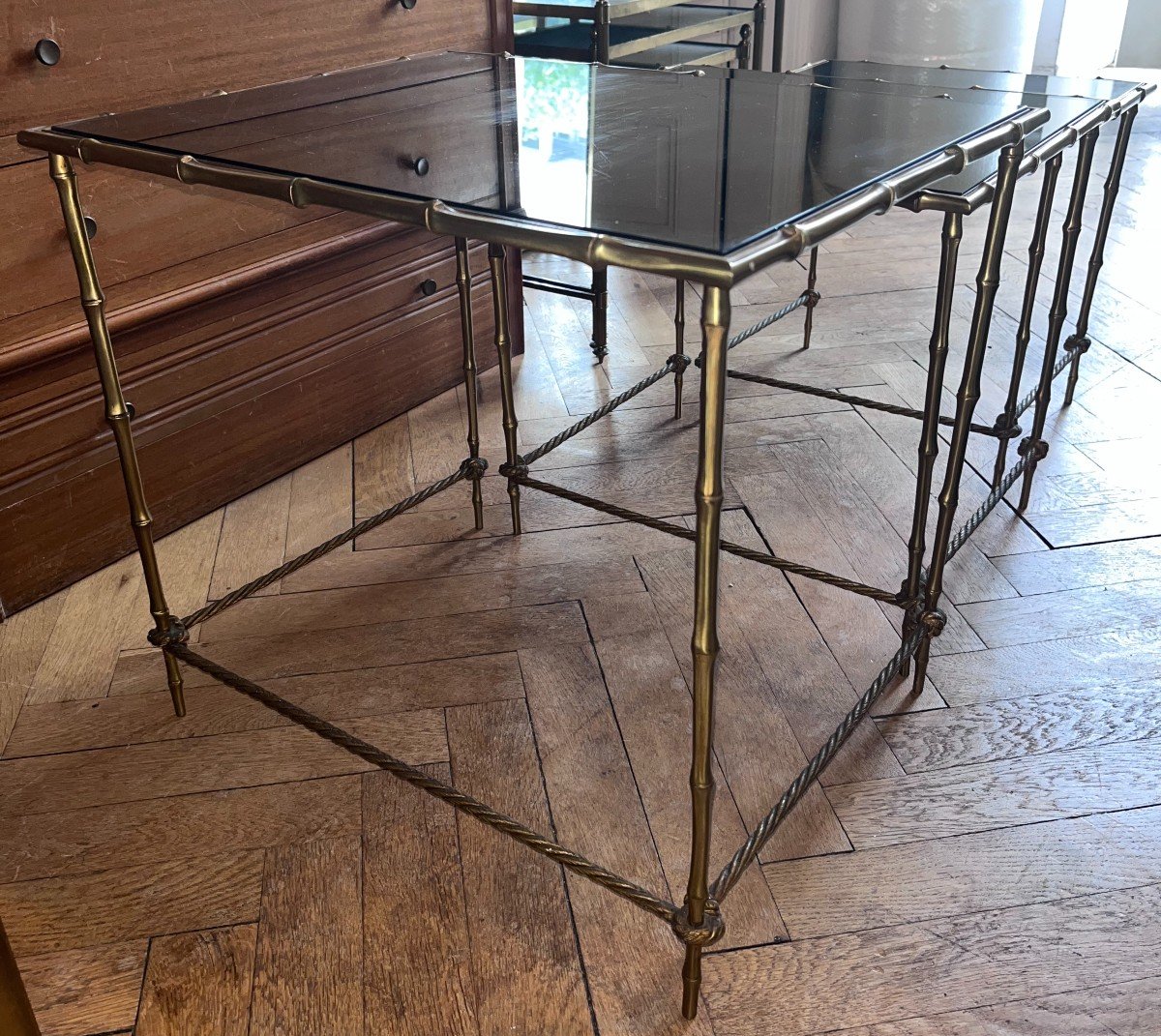 Maison Bagues Nesting Table In Golden Brass With Bamboo And Rope Decor, Mirror Trays-photo-5