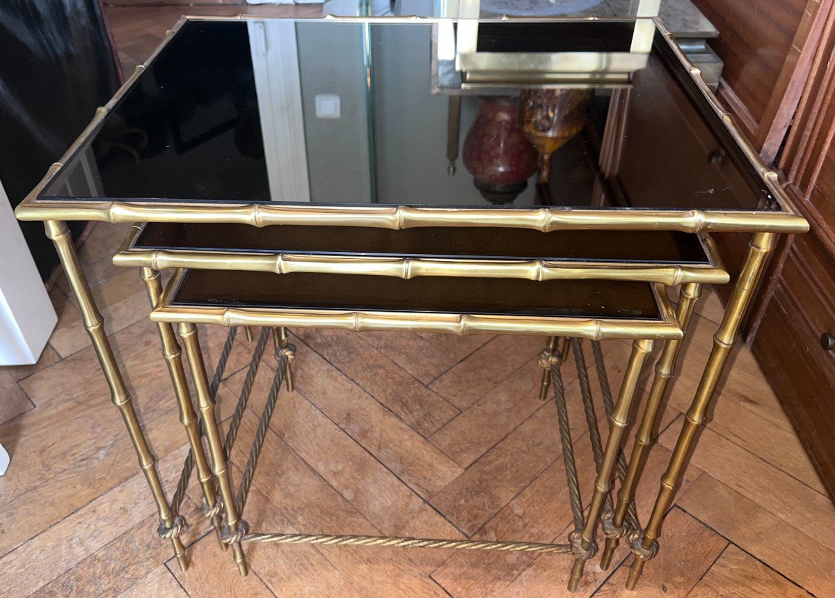 Maison Bagues Nesting Table In Golden Brass With Bamboo And Rope Decor, Mirror Trays