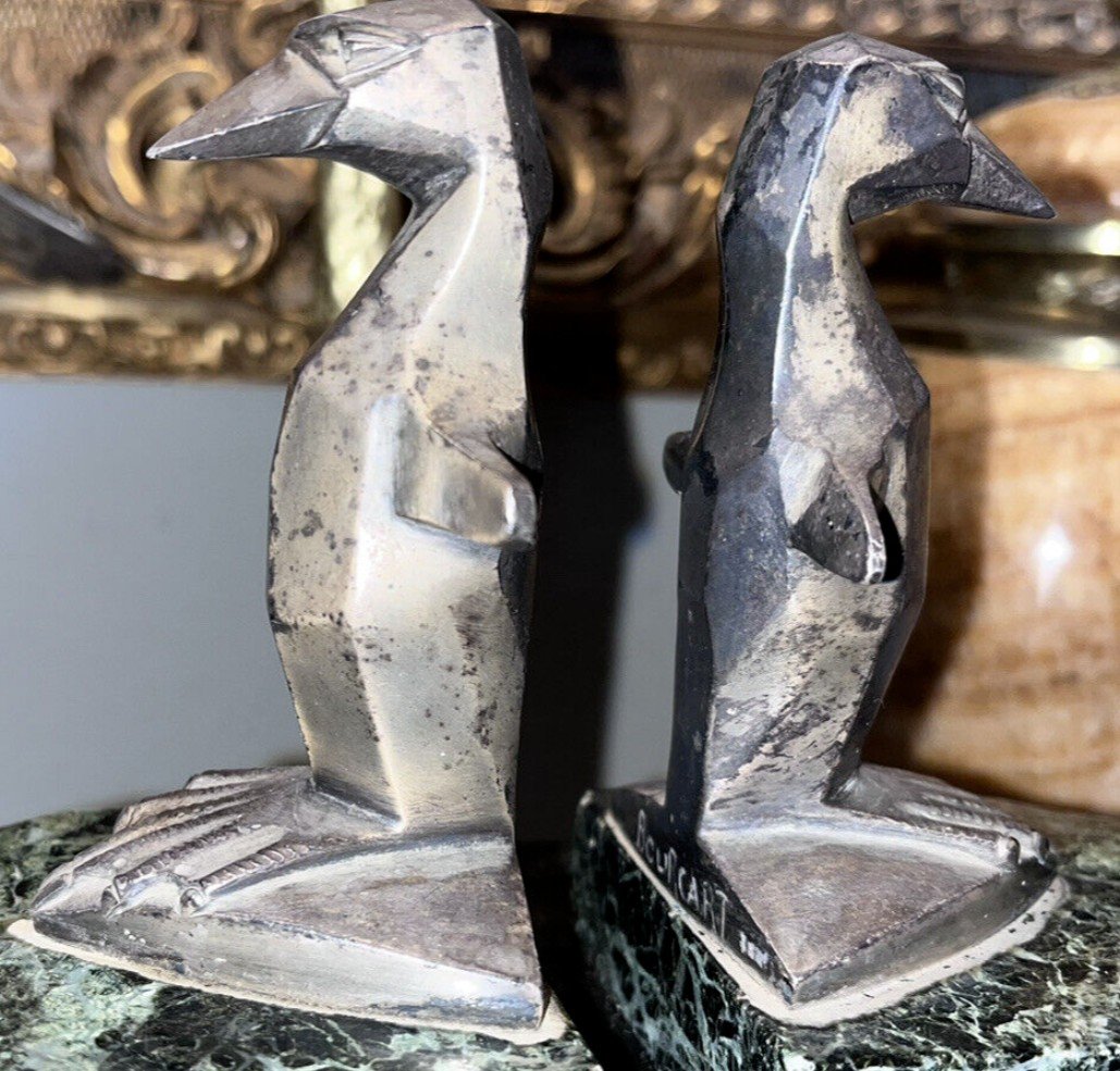 BOURCART Gaston  (xxème)  Paire De Serre Livres Pinguin  Art Déco En Bronze  Signés-photo-1