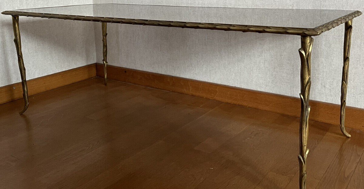 Maison BAGUES   Grande Table En Bronze Doré à Décor De Palmier Et Plateau Miroir-photo-4