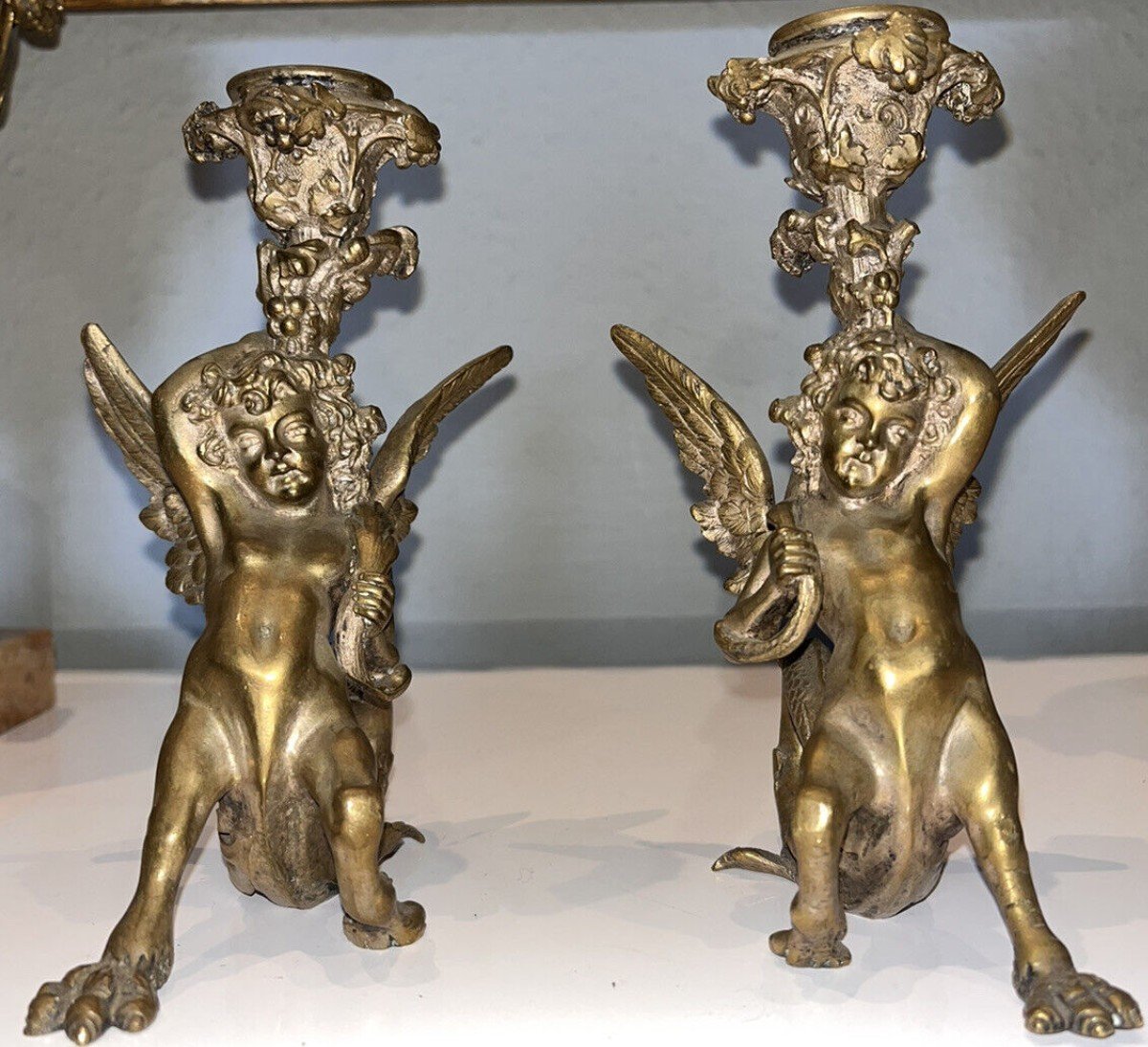 Pandiani Antonio (1838-1928) Rare Pair Of Signed Gilt Bronze Candlesticks-photo-2