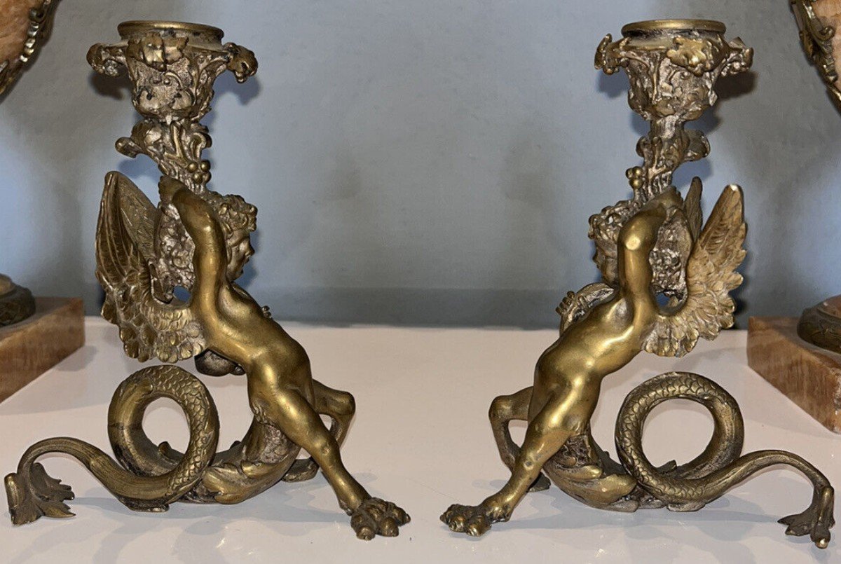Pandiani Antonio (1838-1928) Rare Pair Of Signed Gilt Bronze Candlesticks