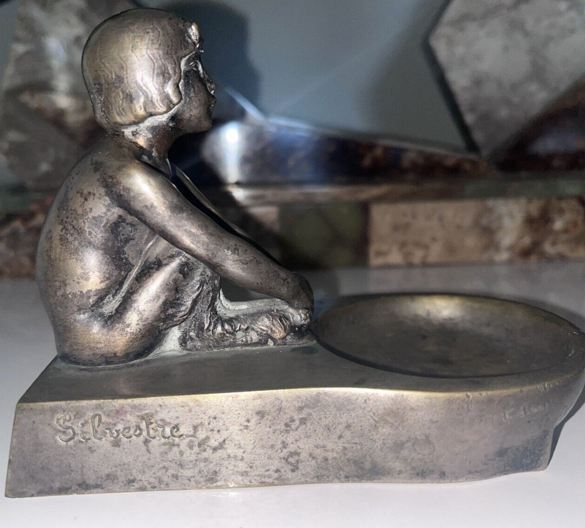 SILVESTRE Paul ( 1884-1976 ) & SUSSE Frères  Vide Poches " Faune " En Bronze Signé -photo-3