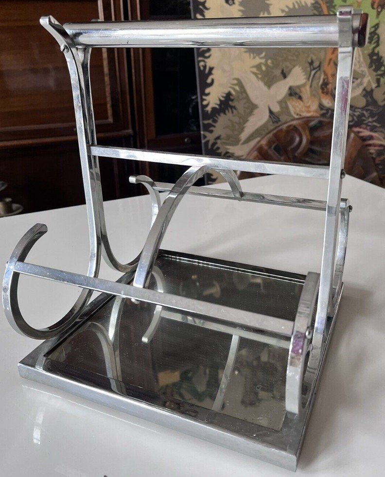 ADNET Jacques ( 1900-1984) Porte Bouteilles Moderniste En Métal Chromé, Miroir Et Palissandre-photo-2