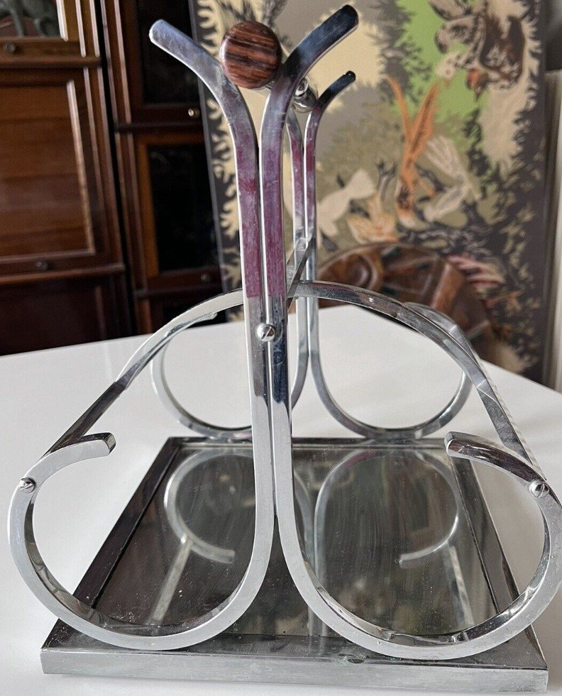 ADNET Jacques ( 1900-1984) Porte Bouteilles Moderniste En Métal Chromé, Miroir Et Palissandre-photo-3