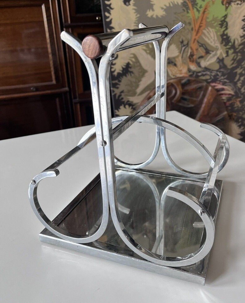 ADNET Jacques ( 1900-1984) Porte Bouteilles Moderniste En Métal Chromé, Miroir Et Palissandre-photo-4