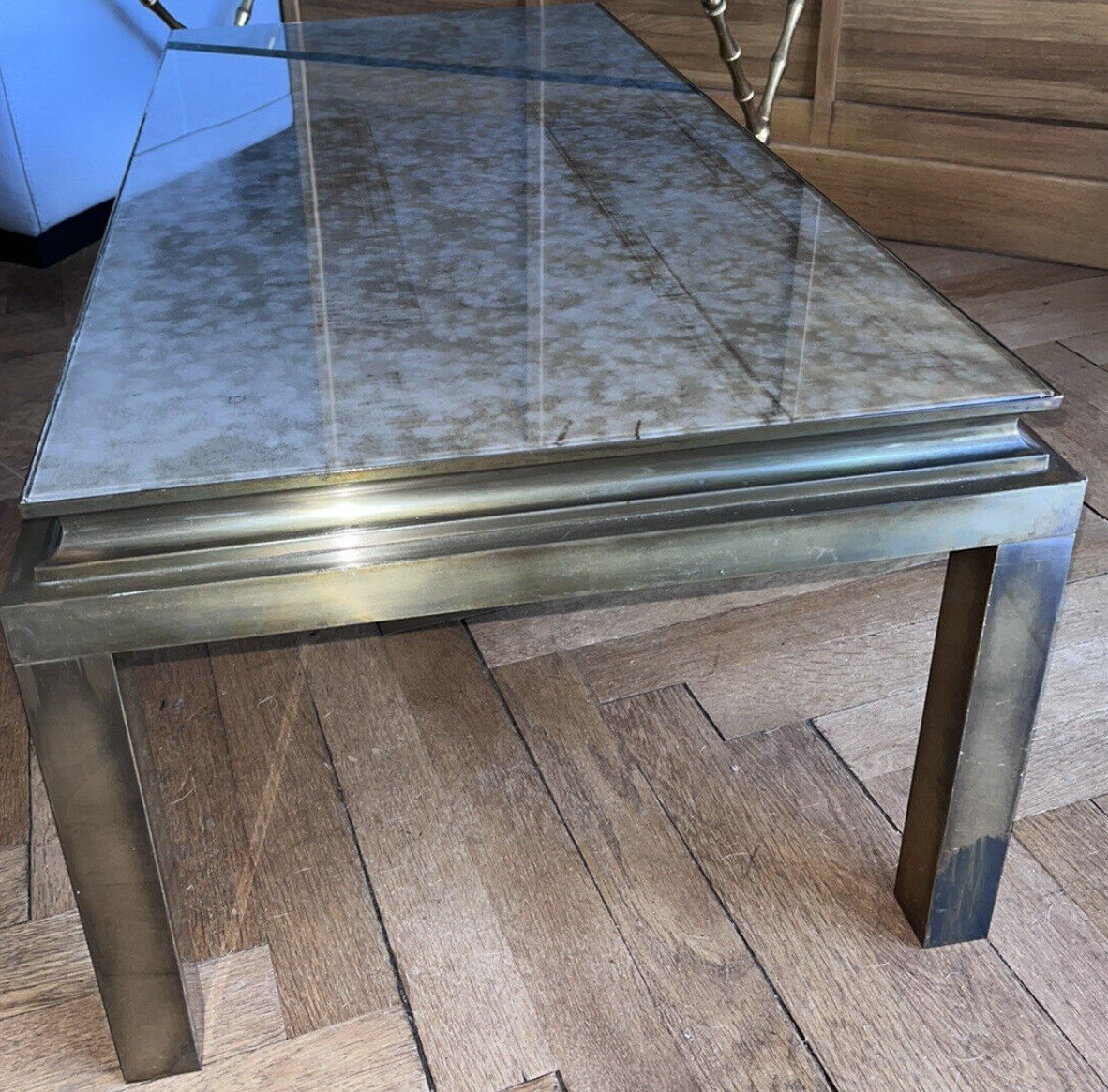 Maison Jansen Rectangular Coffee Table In Golden Brass And églomisé Mirror -photo-3
