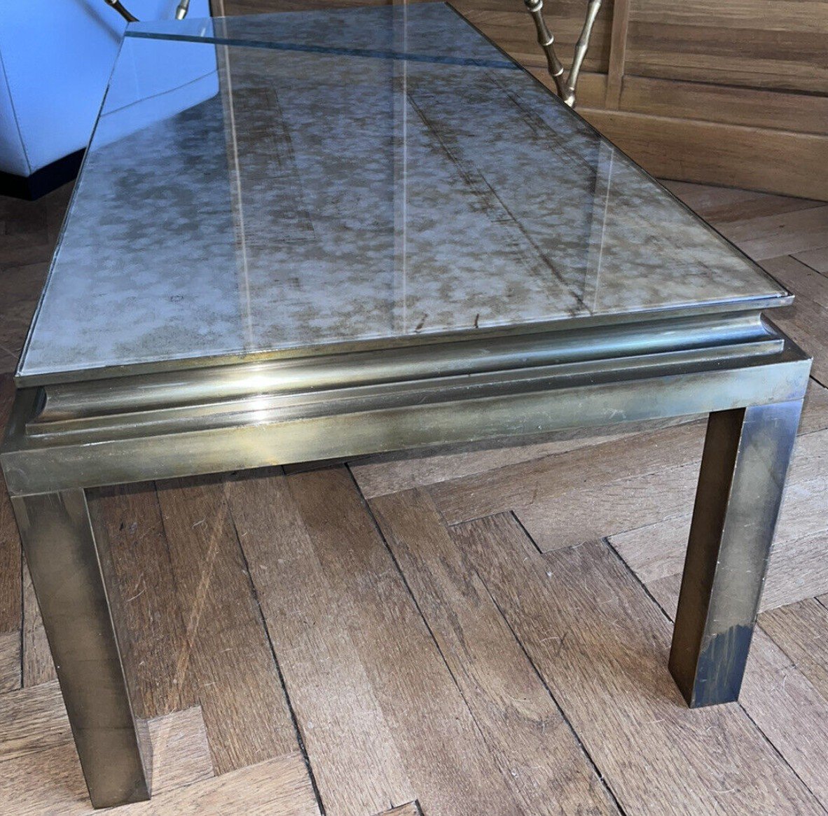 Maison JANSEN   Table Basse Rectangulaire En Laiton Doré Et Miroir églomisé -photo-3