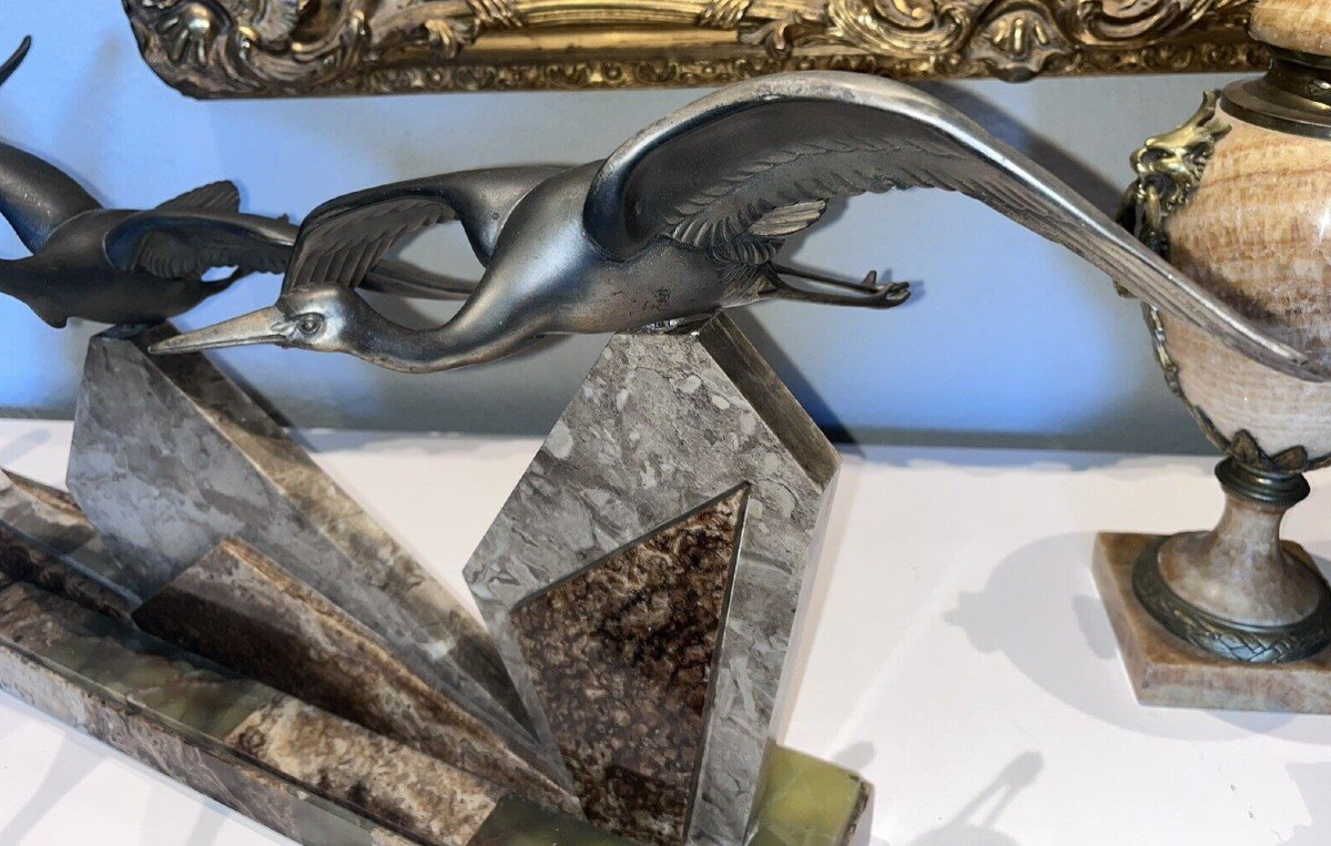 Rochard Irenée (1906-1984) Important Art Deco Group In Regulate With 3 Storks Signed L95cm-photo-1