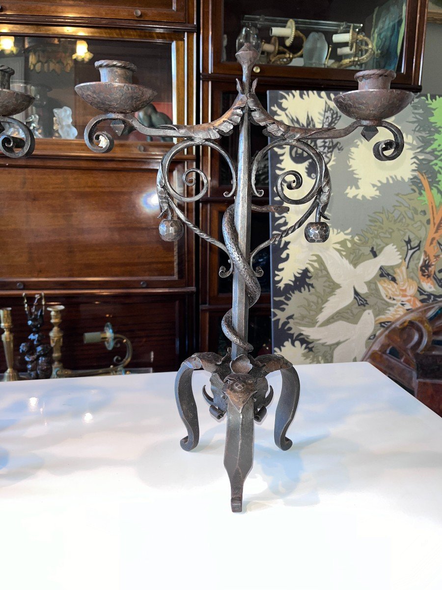 Michel Zadounaïsky 1903-83. Art Deco Wrought Iron Candlesticks With Snake Decor Signed-photo-3