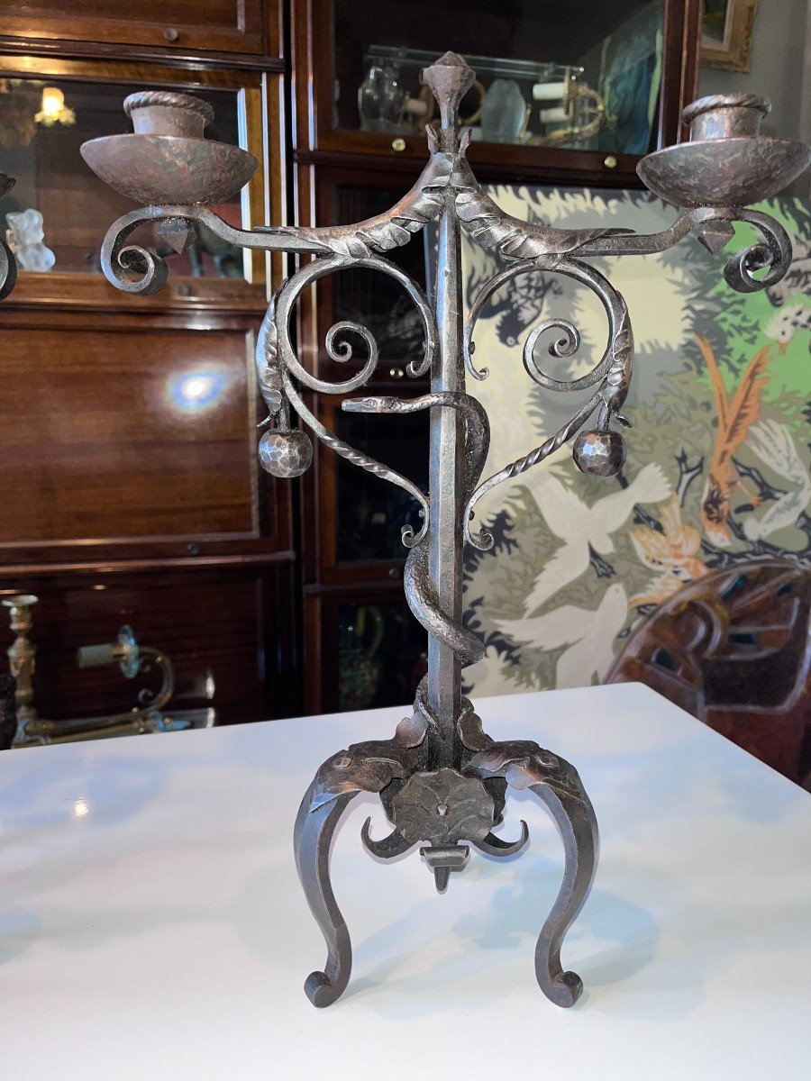 Michel Zadounaïsky 1903-83. Art Deco Wrought Iron Candlesticks With Snake Decor Signed-photo-1