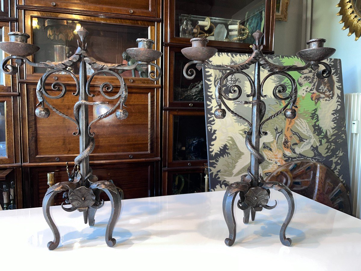 Michel Zadounaïsky 1903-83. Art Deco Wrought Iron Candlesticks With Snake Decor Signed-photo-2