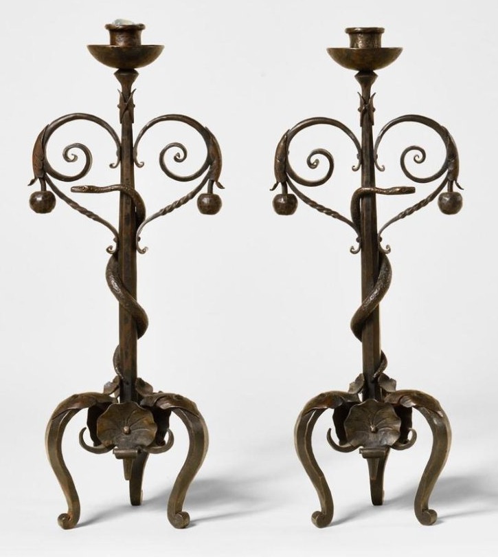 Michel Zadounaïsky 1903-83. Art Deco Wrought Iron Candlesticks With Snake Decor Signed