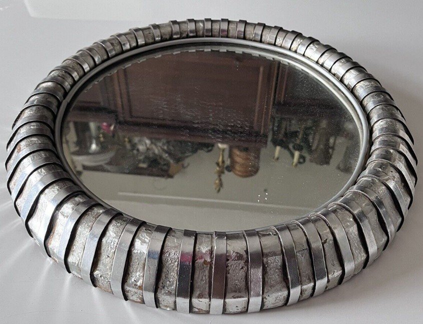 GITTERMAN Gunther.   Miroir Rond En Métal Argenté    Circa 1970   Diamètre 45cm    Signé-photo-3