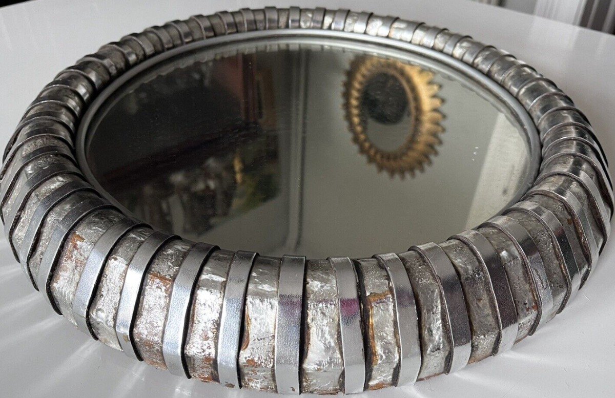 GITTERMAN Gunther.   Miroir Rond En Métal Argenté    Circa 1970   Diamètre 45cm    Signé-photo-6