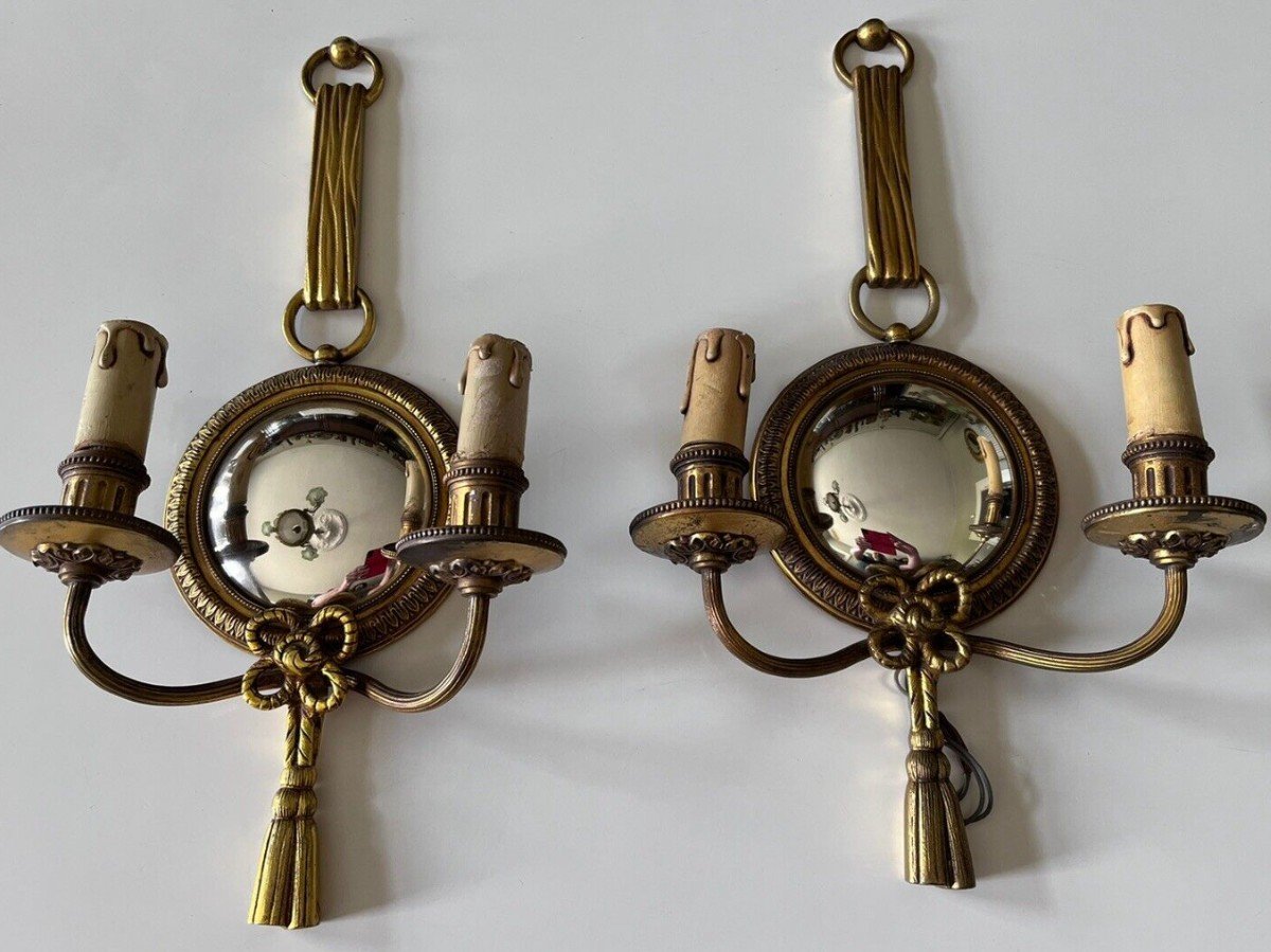 Petitot (1914-1938) Pair Of Witch Mirror Wall Lamps In Gilt Bronze. Signed-photo-1