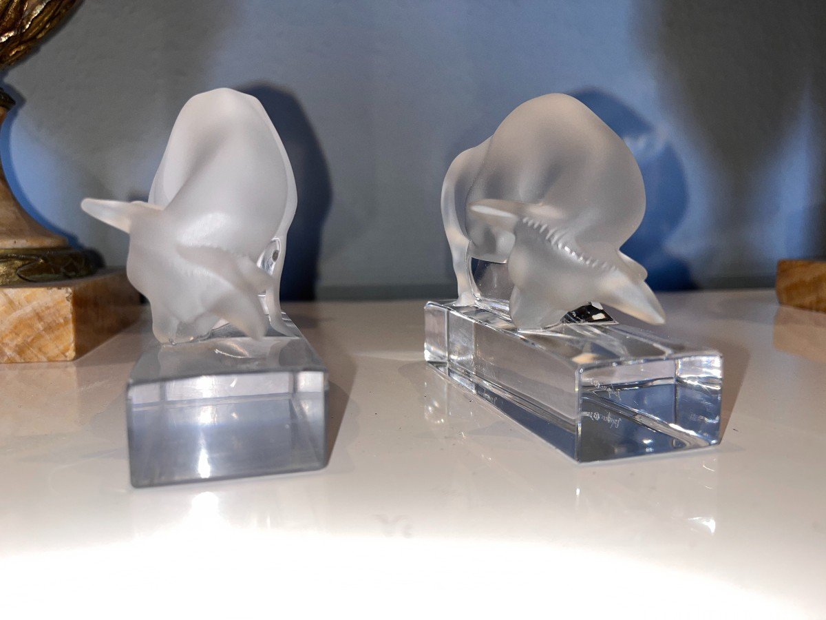 Lalique France Pair Of Crystal Bull Bookends (only 1 Signed)-photo-2