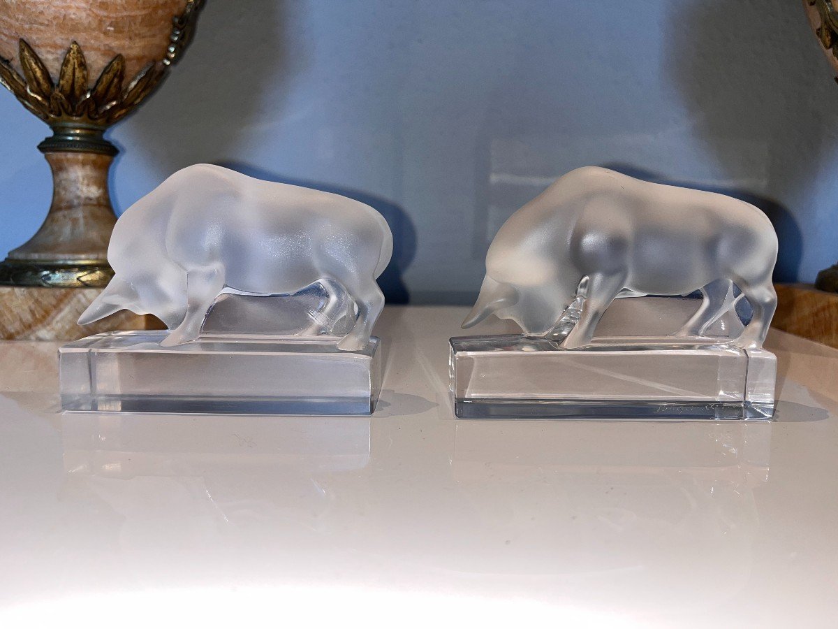 Lalique France Pair Of Crystal Bull Bookends (only 1 Signed)-photo-4