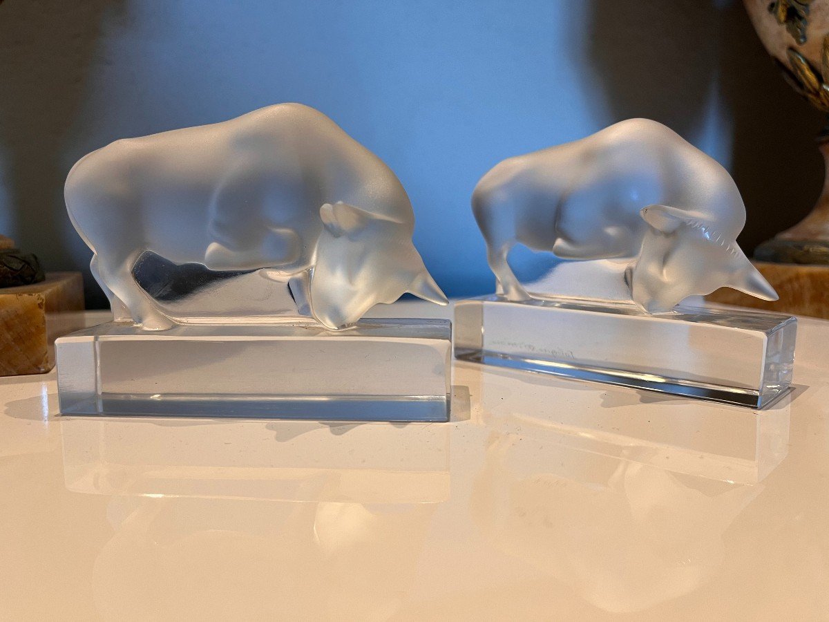 Lalique France Pair Of Crystal Bull Bookends (only 1 Signed)-photo-6