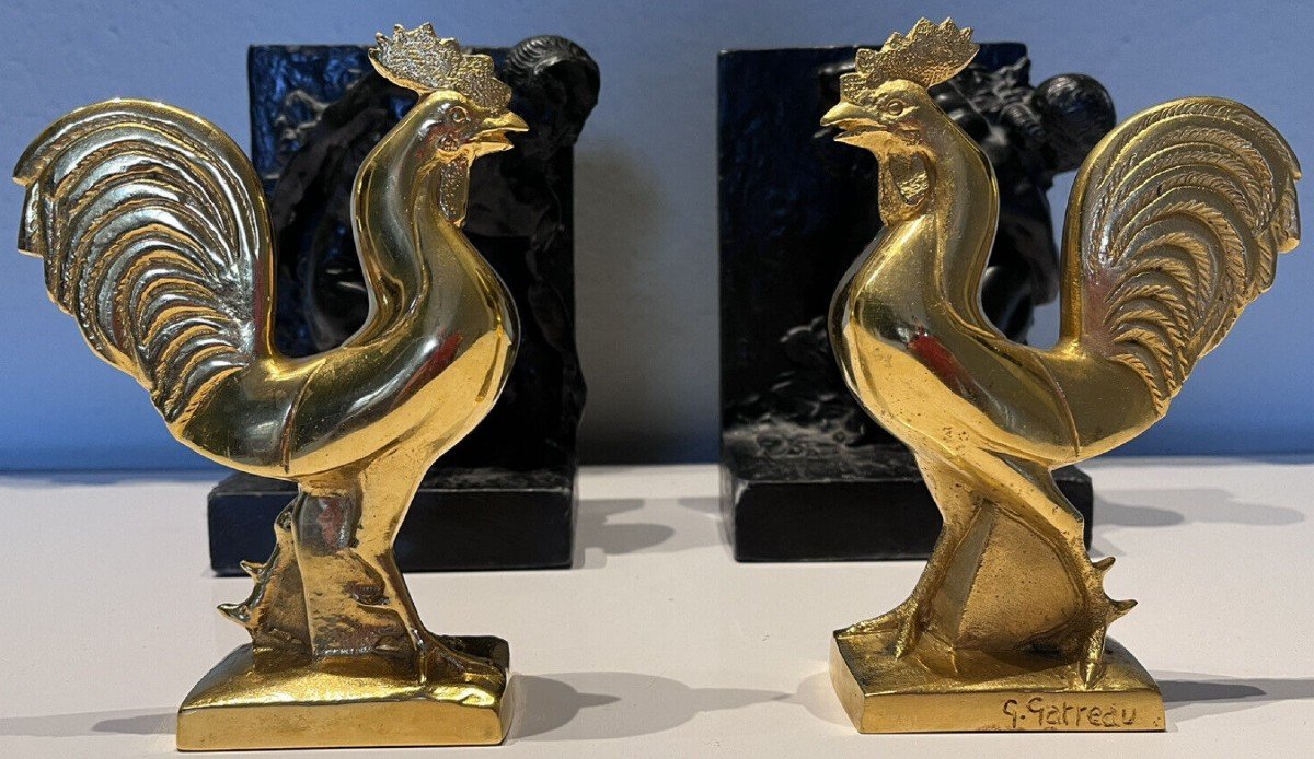 Georges Raoul Garreau (1885-1954) Pair Of Bookends In Gilt Bronze Signed