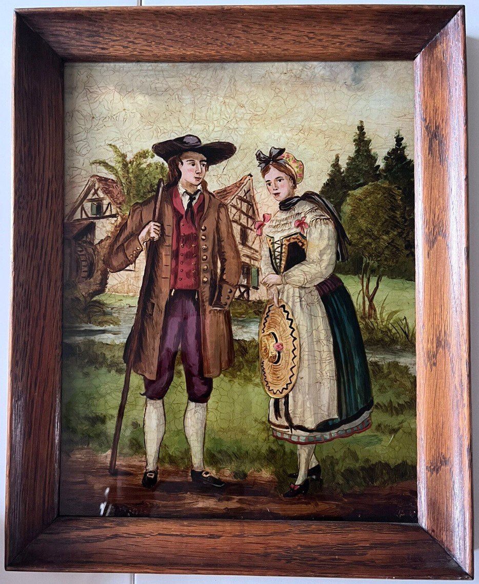Fixed Under Framed Glass Depicting A Couple In A Village. Alsatian Naive Art