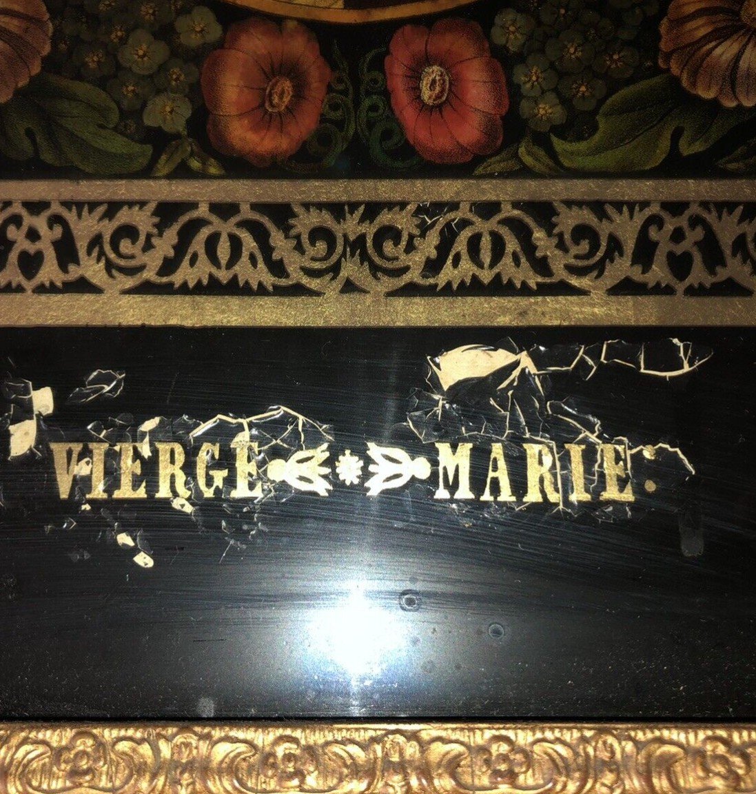 Large Fixed Under Religious Glass "virgin Mary" Framed In Golden Stucco 58x48 Cm-photo-4
