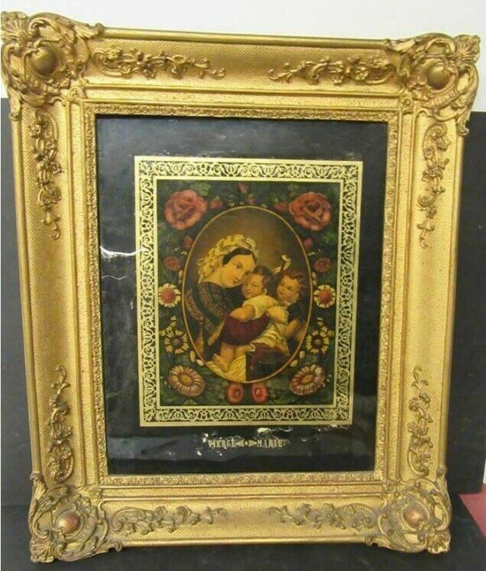 Large Fixed Under Religious Glass "virgin Mary" Framed In Golden Stucco 58x48 Cm