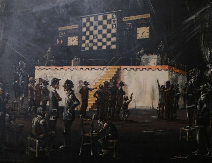 Partos Roland (born In 1929) Important Oil On Canvas "chess Tournament" Signed Dim. 122x92 Cm-photo-2