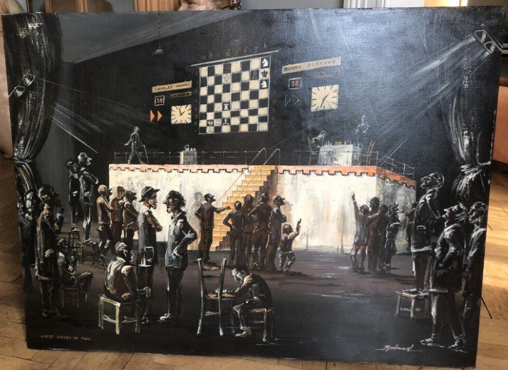 Partos Roland (born In 1929) Important Oil On Canvas "chess Tournament" Signed Dim. 122x92 Cm