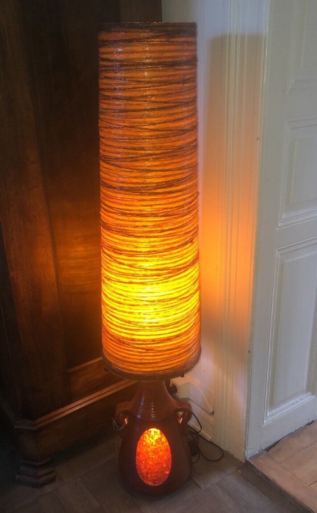 ACCOLAY  Lampe De Parquet En Céramique, Abat Jour Résine Et Cordes Hauteur 140cm