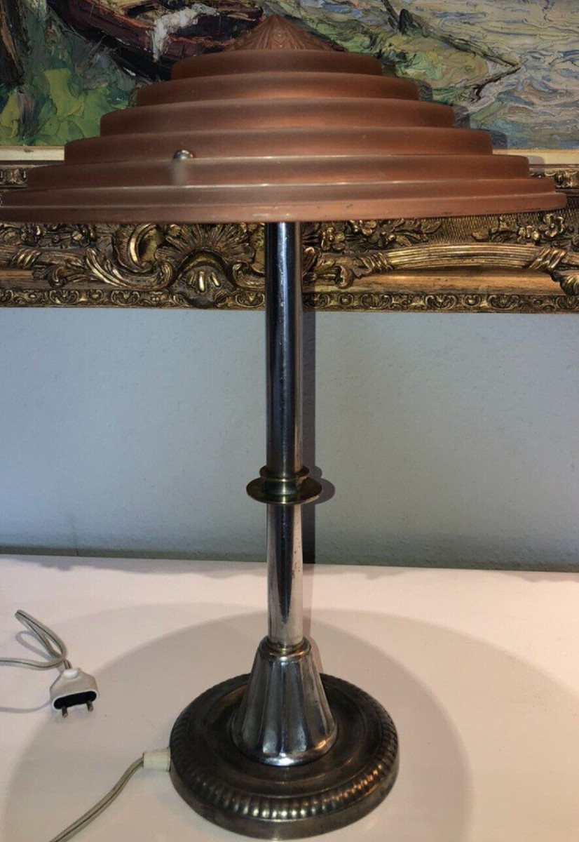 Leleu Georges Art Deco Lamp In Silver Metal & Satin Glass With Tiered Decor Signed -photo-4