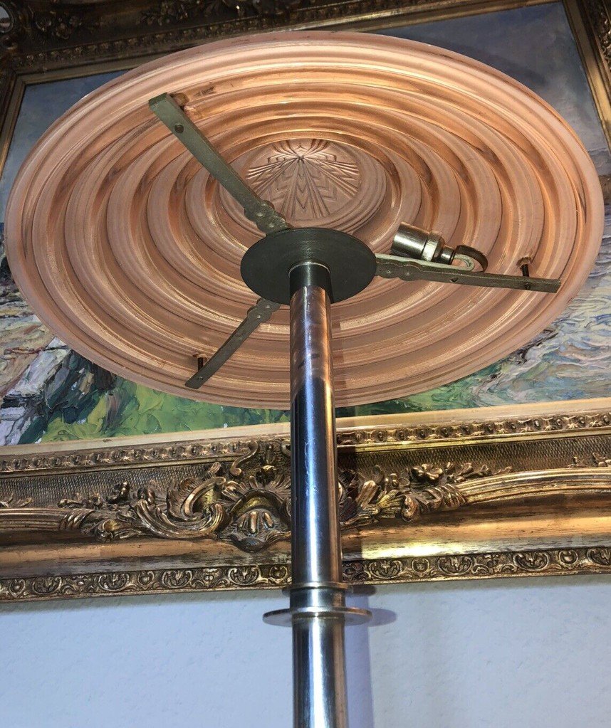 LELEU Georges   Lampe Art Déco En Métal Argenté & Verre Satiné à Décor De Gradins   Signée -photo-2