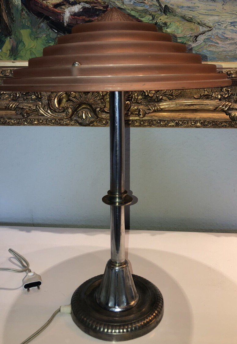 LELEU Georges   Lampe Art Déco En Métal Argenté & Verre Satiné à Décor De Gradins   Signée -photo-3