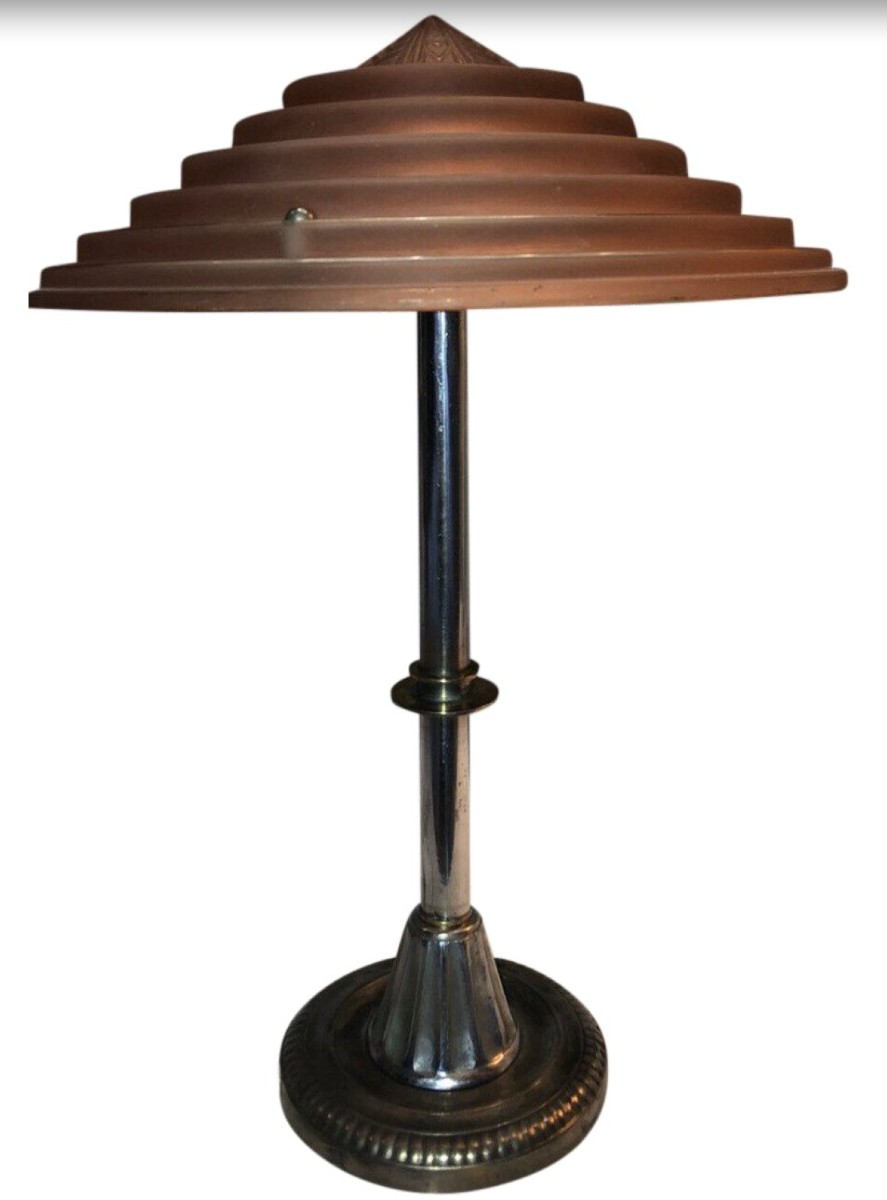 Leleu Georges Art Deco Lamp In Silver Metal & Satin Glass With Tiered Decor Signed 