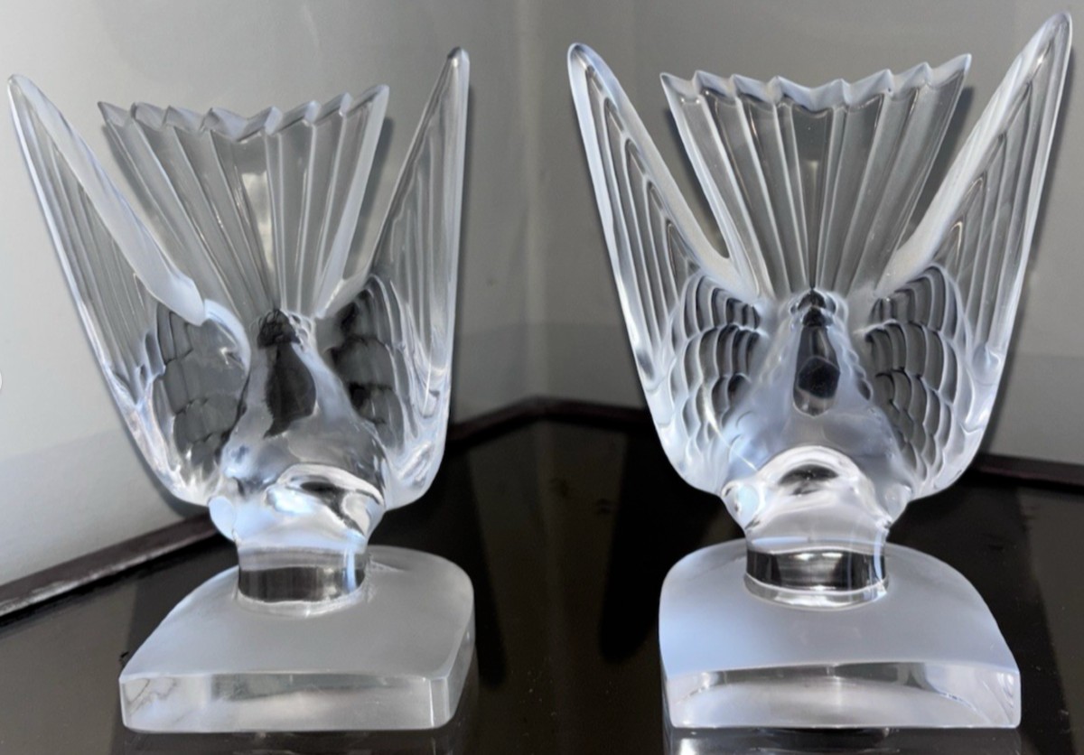 LALIQUE France.   Paire De Serre-livres Hirondelles En Cristal moulé et satiné   -photo-2