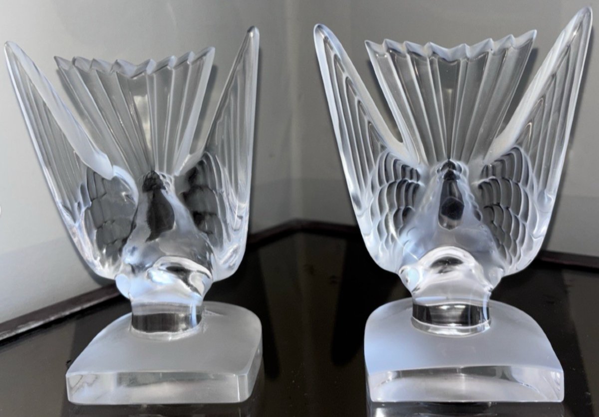 LALIQUE France.   Paire De Serre-livres Hirondelles En Cristal moulé et satiné   -photo-2