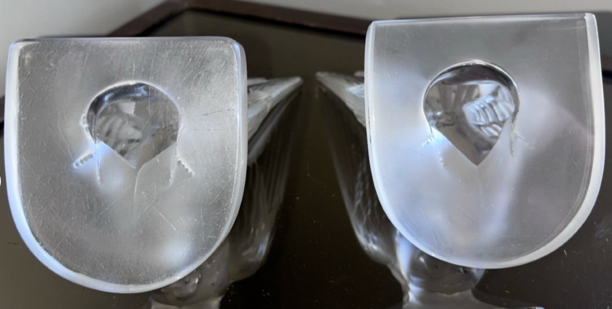 LALIQUE France.   Paire De Serre-livres Hirondelles En Cristal moulé et satiné   -photo-3